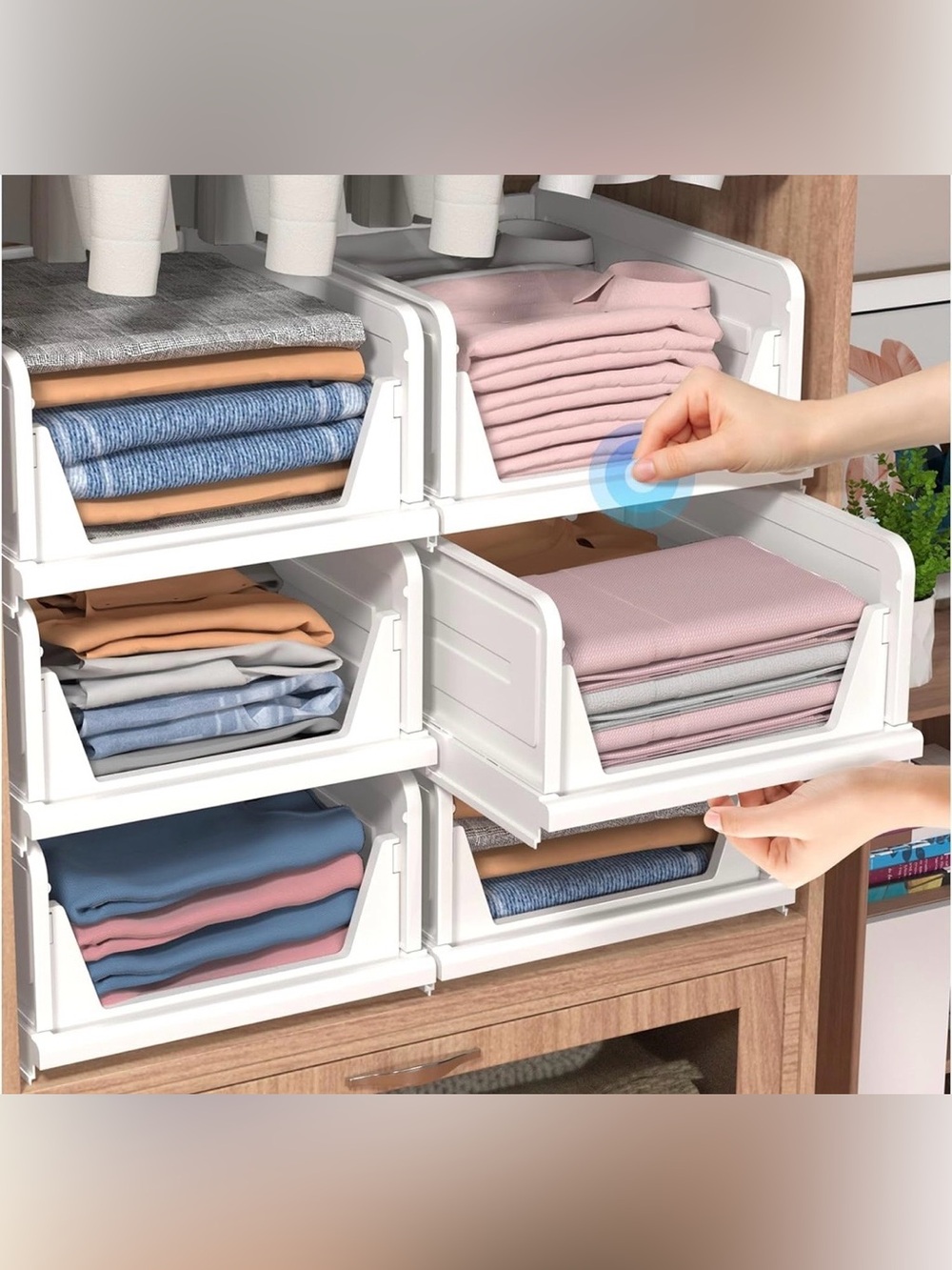 6 Pack Folding Closet Organizers Storage Box, Stackable Storage Bins, Plastic Dr